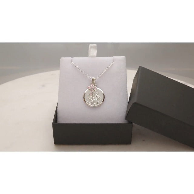 Christopher James of London | St. Christopher Pendant and Crystal Cross on 18" Necklace | Solid 925 Sterling Silver | Traditional Saint Design & Travellers Prayer | Travel Gift with Gift Box Included Pink