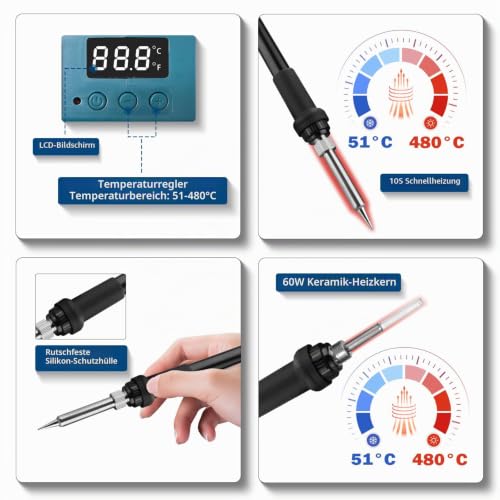 Cordless Soldering Iron Set for Bosch Professional 18 V System GBA Battery, 60 W LCD Adjustable Temperature 180-480 °C, with On/Off Switch, Suction Rod, 50 g Soldering Wire, Soldering Iron Stand for Electrical Work For Bosch GBA