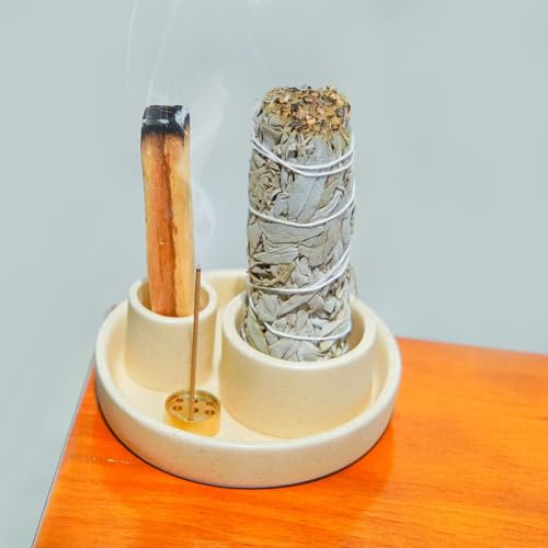 4 in 1 Incense Holder, Ceramic Incense Stick and Palo Santo Holder,Sage Holder for Burning- 4.25" Ceramic Ash Catcher Tray for Meditation and Yoga Room (Sand) Sand