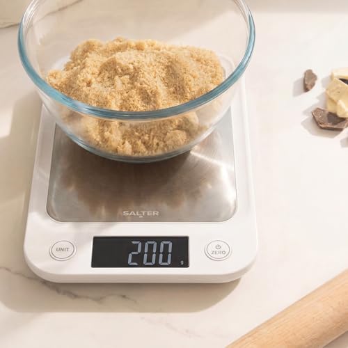 Salter 1105 SSWHDR Stainless Steel Electronic Scale - 5 KG Capacity, Large Platform Digital, Slim Design, Easy to Clean, Backlit Display, Tare Function, Accurate Readings, Batteries Included, White White Stainless Steel Kitchen Scale Single