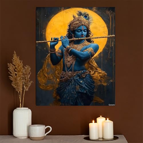 Krishna Canvas Wall Art, Meditative Lord Krishna Print Poster, Canvas Wall Art Meditative Lord with Flute, Hindu God Poster, Zen Wall Decor, Spiritual Room Decor Framed, 8x10inch 20x25cm