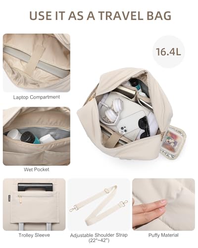 Lunch Tote Bag for Women Work, 15.6 Inch Laptop Purse with Insulated Lunch Compartment Coin Wallet for Meal, Large Puffy Quilted Travel Duffle Bag Medium-15.4" Beige