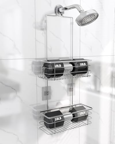 Hanging Shower Caddy, Stainless Steel, 2-Tier Bathroom Organizer Rack over Shower Head with 2 Hooks for Razor and Sponge