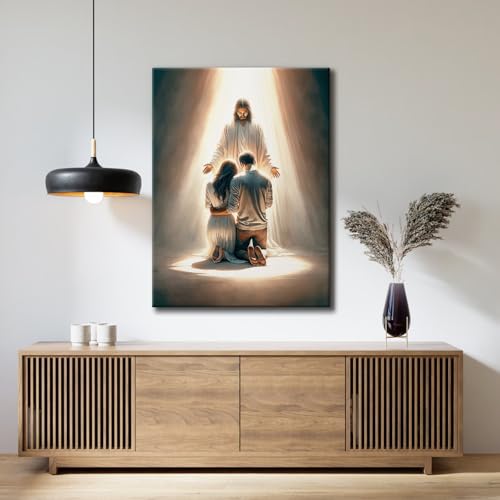 Framed Jesus canvas print wall art for couples seeking Jesus guidance in marriage Christian spiritual motivational poster living room prayer room home art decor 24x36in Ready to Hang Jesus prays