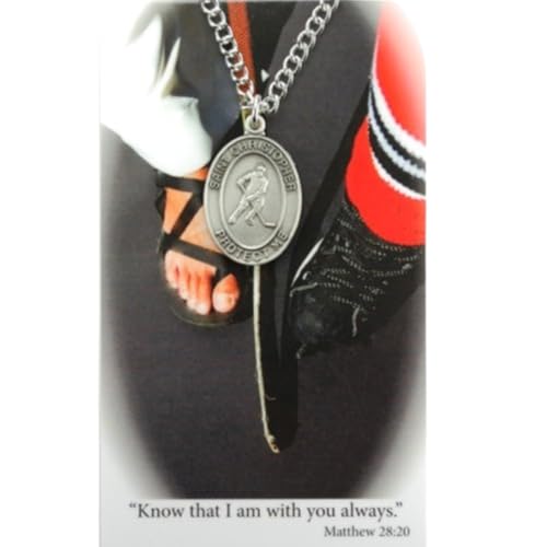 McVan Boys St. Christopher Ice Hockey Medal with Prayer Card Catholic Patron Saint Pendant for Athletes Silver Tone Necklace