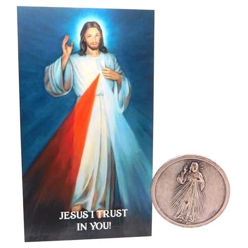 Westmon Works Divine Mercy Prayer Token Set Italian Metal Jesus Pocket Trinket and Holy Card Made in the USA