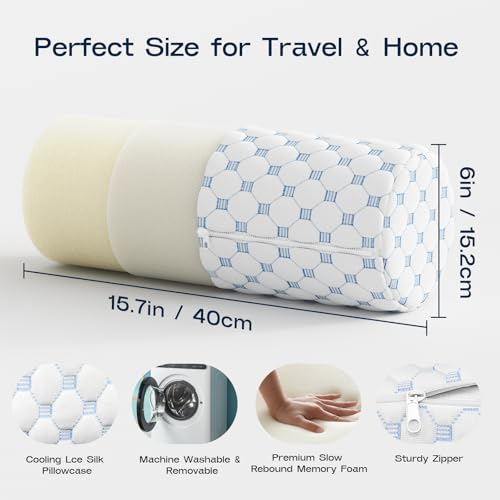 Neck Roll Pillow for Neck Pain Relief - Memory Foam Neck Support Pillow for Bed | Round Neck Pillow for Sleeping, 15.7 * 6 * 6 inch (Cool-Blue) Cool Blue Large - 6.0" H