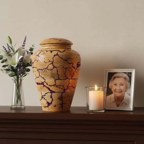 Wooden Cremation Urn for Human Ashes Adult – Premium Handcrafted Funeral Urn Box for Burial, Funeral & Home Memorial | Durable Keepsake Memorial Urn with Purple Resin Accent, 30 cu in