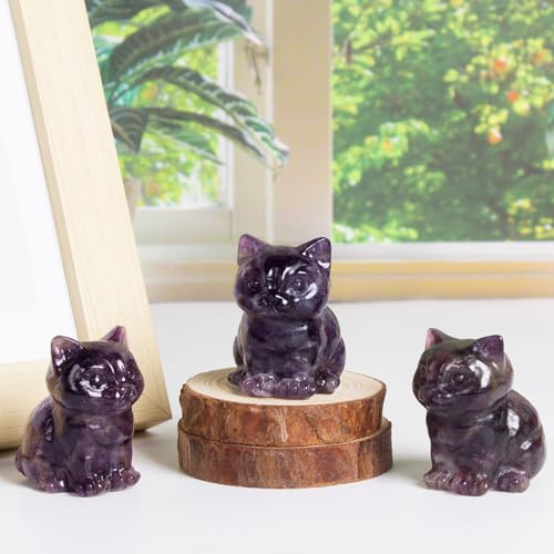 Crystal Cat Figurines Decor, 1.6 Inch Amethyst Crystal Kitten Statue Gift for Cat Lovers Collectors Women, Hand Carved Healing Stone Lucky Sitting Kitty Animal Sculpture Home Office Desk Decor Amethyst Cat