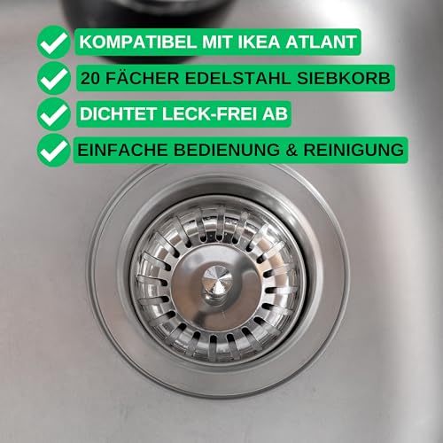 Sink Strainer Basket, 1 Pack, Diameter 79.3 mm, Compatible with IKEA Atlant and Domsjö Siphon, Strainer Basket with Three-Leg Rubber Seal, Replacement Part for Atlant Sink and Domsjö Sink, Kitchen Plug Strainer Basket, Ø 79.3 mm, 1 x