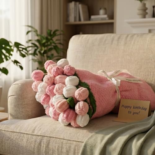 Rose Crochet Flower Bouquet, 43 Inch Handmade Pink Throw Blanket Decor, Romantic Bed Throw with Cute Rose Design, Floral Blanket for Valentine, Wedding Anniversary, Birthday, Mother's Day