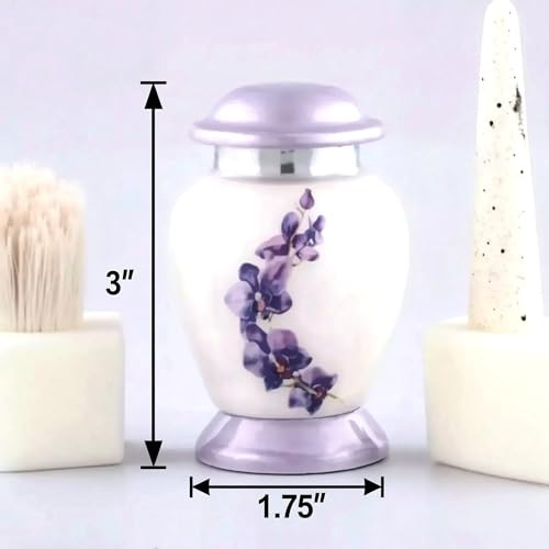 Small Keepsake Urn for Ashes White purple Orchid flower - 3" Height and can accomodate 3 cubic inches only - With Beautiful Cap and Base - Mini Urns for Gifting and give away