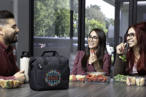 PICNIC TIME Coca Cola Unity Buy The World On The Go Lunch Bag Cooler Insulated Soft Lunch Tote with Expandable Storage Dual Compartments Travel Ready Design, (Black) 10 x 6 x 10.5 Coca-Cola World - Black