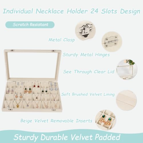 Jewelry Box Necklace Organizer Tray (Beige) Necklace Display Case for Storage Jewelry Necklaces Display Stand 24 Slot Pendant Holder for Women Necklace display Case with Glass Lid 24 Slot Beige