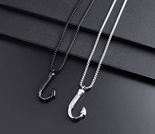 YOUFENG Fishing Hook Urn Necklace for Ashes Stainless Steel Cremation Jewelry Always in My Heart Ashes Necklaces Memorial Keepsake for Men Black