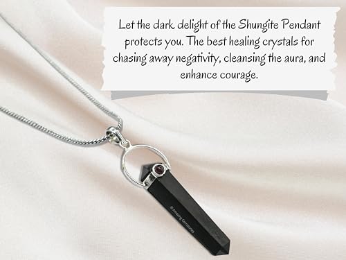 Amazing Gemstone Shungite Pendant Necklace D Shape with Garnet