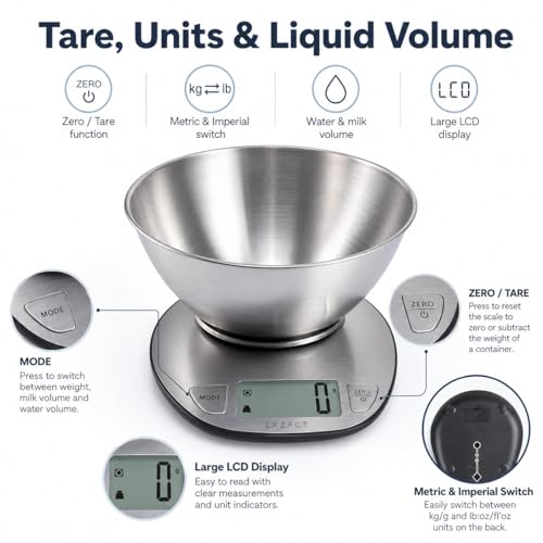 Exzact Digital Kitchen Scale with Stainless Steel Mixing Bowl, 5kg Ex4350