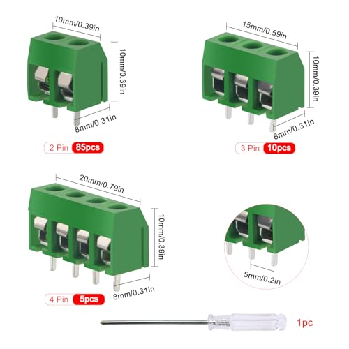 YIXISI PCB Mount Screw Terminal Block, 5 mm 2/3/4 Pin Screw Terminal Connector, for Arduino DIY Project, Green, Pack of 100 2P+3P+4P