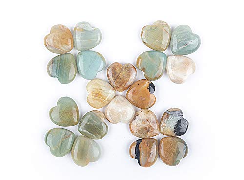 JIC Gem Set of 20 pcs 30mm Amazonite Healing Crystal Fluorite Heart Stones Love Carved Palm Worry Stone Energy Yoga and Decoration