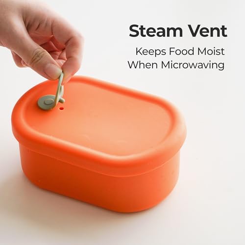 Simvola Korean silicone food containers with steam vents, 12 fl oz, 4-piece multi-color set, flexible and microwave-safe.