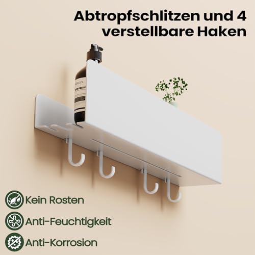 REKITA No Drill Shower Shelf Organizer, 40cm Stainless Steel Bathroom Storage with 4 Removable Hooks, Adhesive Wall Mounted Shower Caddy, Rustproof Bath Shelf for Bathroom Kitchen Living Room White