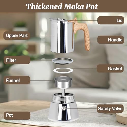 Supvision 6-cup stainless steel Moka pot with woodgrain finish for stovetop espresso brewing, 300ml capacity.