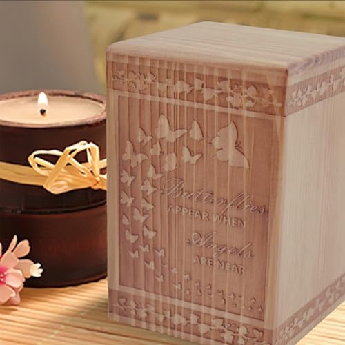 Handmade Wooden Cremation Urn for Ashes with Butterfly Engraving 24 Cubic Inch Pet Human Urns Funeral Memorial Keepsake Casket Box for Adults, Children, Pets (Cats, Dogs) Small