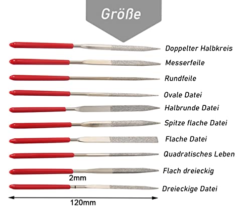 Mesee 10 Pieces Mini Diamond File, 2 x 100 mm Micro Diamond File Set, Metal Diamond Needle File Set, Titanium-Coated Diamond Needle File Set for Metal Glass Ceramic Jewelery Carving Model Making Metal DIY