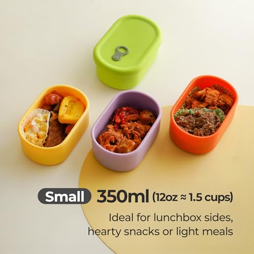 Set of four SIMVOLA Korean silicone food containers with steam vents, 12 fl oz each in colorful, reusable storage containers.