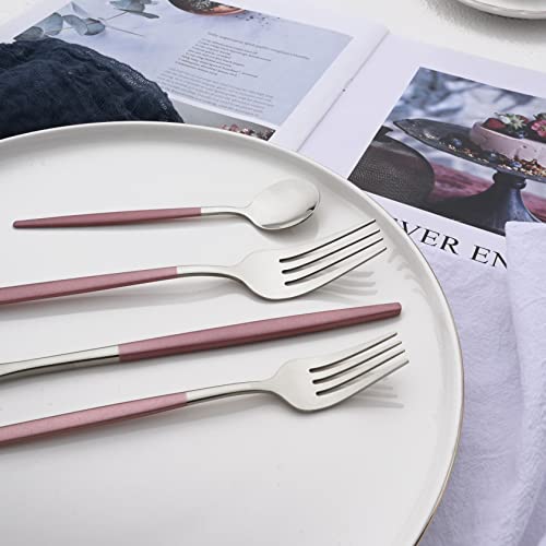 Silverware Set – 20 Piece Family Dinnerware Set – Flatware Set Service For 4 – Pink Silver Tableware Sets – Cutlery Great For Family Gatherings & Daily Use – Spoons, Knives, Forks Service 4