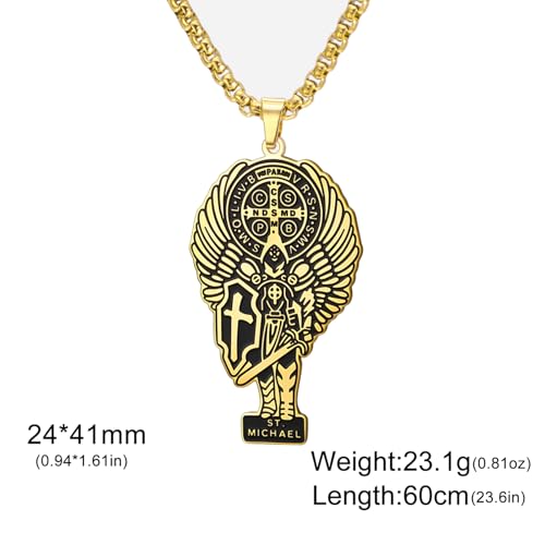 Saint Michael Necklace for Men Women Archangel Michael Pendant Vintage Ancient Amulet Pendant Jewelry Gift (Box Chain, Gold)