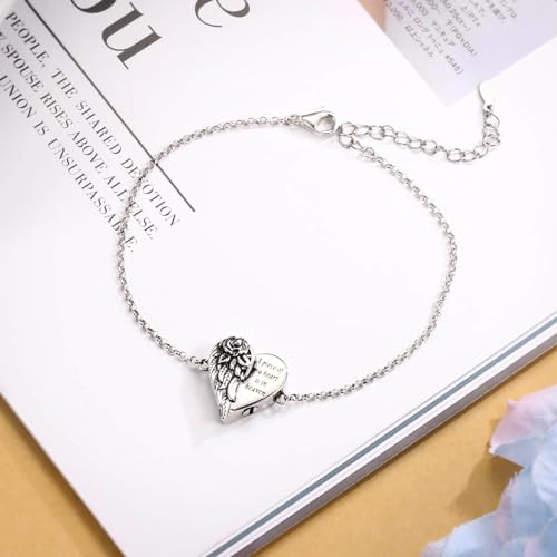 APOTIE Sterling Silver Urn Bracelet for Ashes 925 Ash Keepsake Memorial Locket Cremation Jewelry Sympathy Gifts for Women Loss Loved Ones (Rose Wing Heart Urn Bracelet)