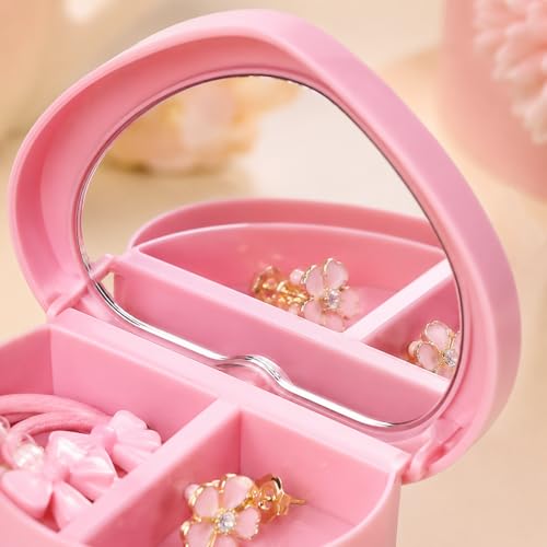 Cabilock 5PCS Heart Shape Double Layer Jewelry Box with Mirror, Portable Jewelry Organizer Case for Earrings Rings Necklaces, Pink