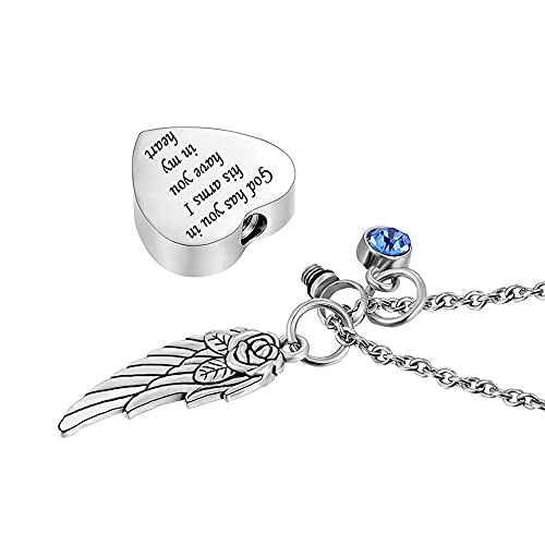 God has You in his arms with Angel Wing Charm Cremation Ashes Jewelry Keepsake Memorial Urn Necklace with Birthstone Crystal October