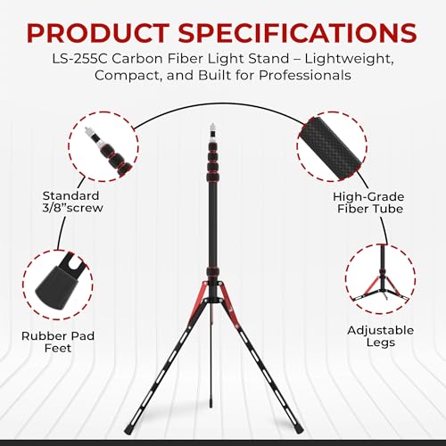 REFLEX CAMERA 88" Carbon Fiber Light Stand – Lightweight 7ft 3in Travel Lighting Tripod for Photography – Supports Flash, Softbox, LED & Camera – 1/4" to 3/8" Adapter, Adjustable, Portable