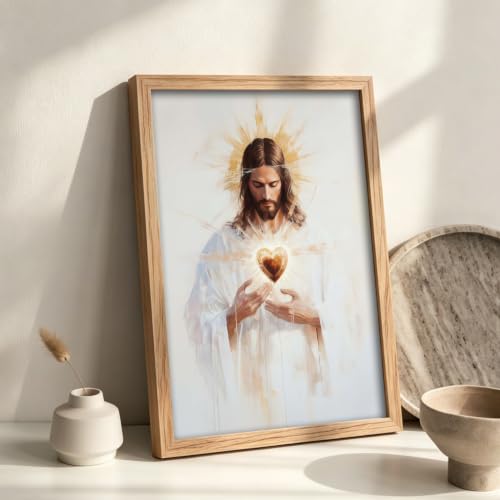 RZIGERNO Sacred Heart of Jesus Wall Art, 12x16 Inch Wood Framed Wood Frame Sacred Heart of Jesus Wall Art 16"L x 12"W