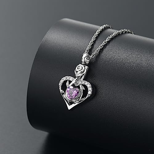 Roseflower Cremation Jewelry Heart Urn Necklace for Ashes for Women Gilrs Memorial Keepsake Birthstone Pendant Necklaces for Ashes of Loved Ones Silver-purple