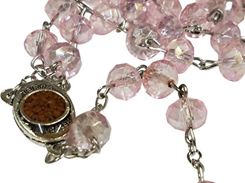LION OF JUDAH MARKET Catholic Light Pink 10mm Crystal Beads Rosary Holy Soil Medal & Silver Crucifix
