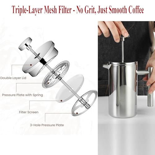 Stainless Steel French Press Coffee Maker - Portable Cafetiere 3 Cup Espresso Coffee Press - Double Wall Insulated, Triple Mesh Filter - Perfect for Home, Office, Camping & Travel (20 Oz) 20 Oz