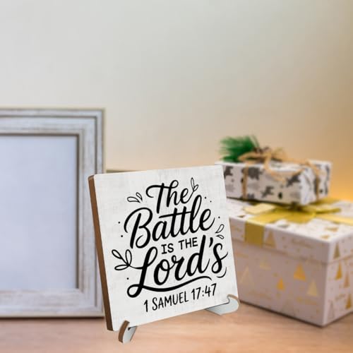 Inspirational Christian Desk Decor Wood Sign, Religious Gifts, Bible Scripture Desk Decorations Faith Based Gifts for Women Sister Friend Office Work Bedroom Home Decor Wooden Plaque With Stand Battle 742