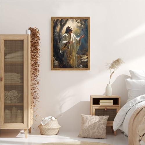 Framed Christian Jesus Canvas Wall Art, Jesus Praying Wall Decor Paintings, God Light Pictures Prints Religious Home Decor for Living Room Bedroom Church Prayer Room 12x16 inch Framed 16"L x 12"W