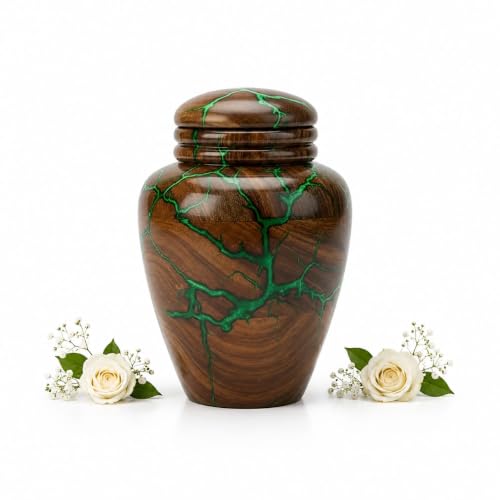 Rosewood Resin Urn for Human Ashes – Handcrafted 15 cu in Wooden Memorial Box – Green Epoxy Resin Inlay – Premium Decorative Cremation Keepsake Urn for Adults or Pets X-Small 15 Cu\In