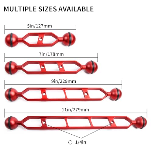 Red 7" Underwater Aluminum Alloy Extension Arm (2-Pack) - Dual Ball System with 1" Head Connector, Waterproof & Rustproof for Diving Camera Tray/Strobe/Video Light, Scuba Photography Gear 7" Extension Arm Red