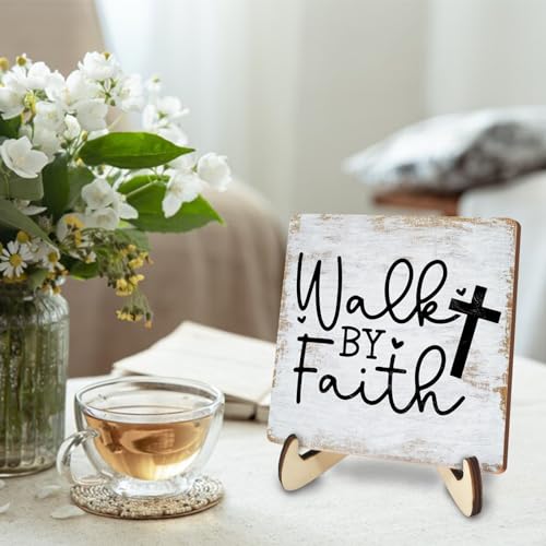 Motivational Sign Rustic Desk Decor Decorative Christian Gifts Religious Bible Verse Faith Decoration for Home Coffee Shop Office Table Shelf Tiered Tray Plaque with Wood Stand multicolour0339