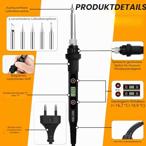 80 W Soldering Iron Set with LCD Temperature Display, 7s Fast Heating & Adjustable 180-500 °C, Complete Set with Soldering Stand, 50 g Soldering Wire, Desoldering Pump, 5 Tips & Accessories, Electronic Repair
