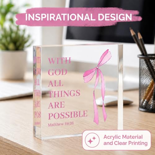 Pink Inspirational Decor Pray Over 4x4 Inch Matthew 19:26 Bible Verse Decor, Religious Inspirational Tabletop Ornament For Home Office Desk Accessories Gift For Women Believers Pink-1926