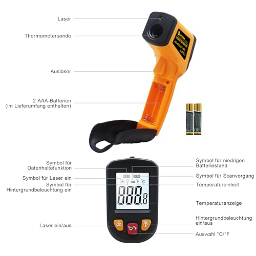 Ketotek Infrared Thermometer FDA Digital Thermometer Gun -50 °C - 600 (-58-1112), yellow