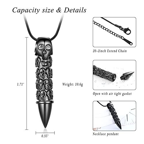 XSMZB Urn Necklaces for Ashes Bullet Container Pendant Stainless Steel Keepsake Holder Ashes for Pet Human Memorial Cremation Jewelry for Men Women Skull Bullet-Black