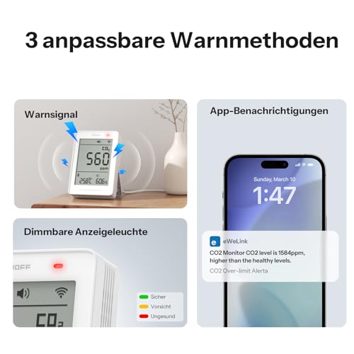 SONOFF AirGuard CO2 Intelligent Indoor Air Quality Monitor, Matter Compatible, 2.4GHz WiFi, CO2/Temp/Humidity Detector, Real Time Display & Alarm for Bedroom/Nursery