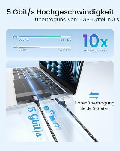 Raviad USB 3.0 to USB C Cable 1 m, Fast Charging Cable USB C Data Cable 5 Gbps | Nylon Braided QC 3.0 USB C Charging Cable for iPhone 17 16 15 Pro Max, Samsung Galaxy S26 S25, Macbook, iPad Pro, Air, Pixel gray 5Gbps 1M